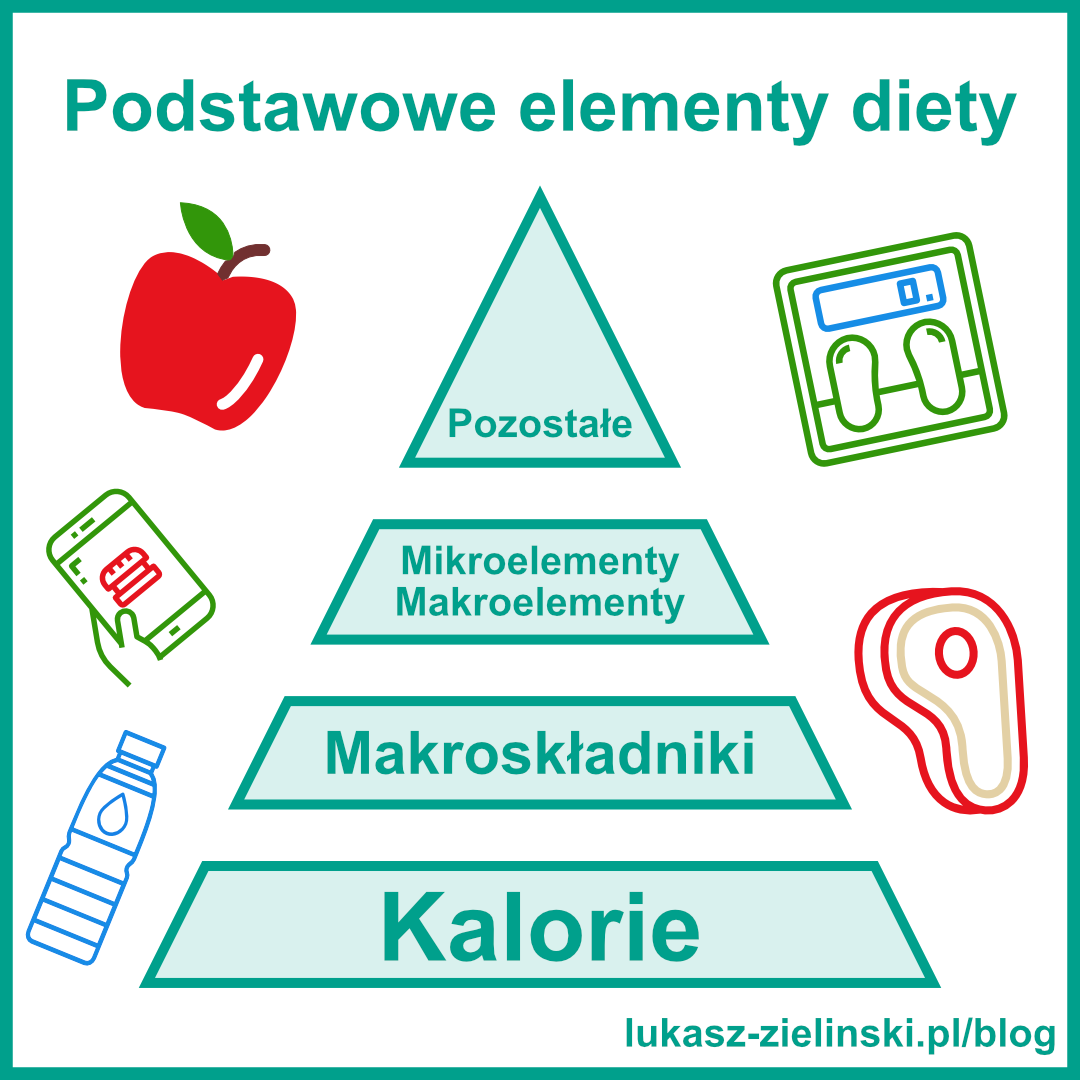 Podstawowe elementy diety: kalorie, makroskładniki,  makroelementy i mikroelementy.
